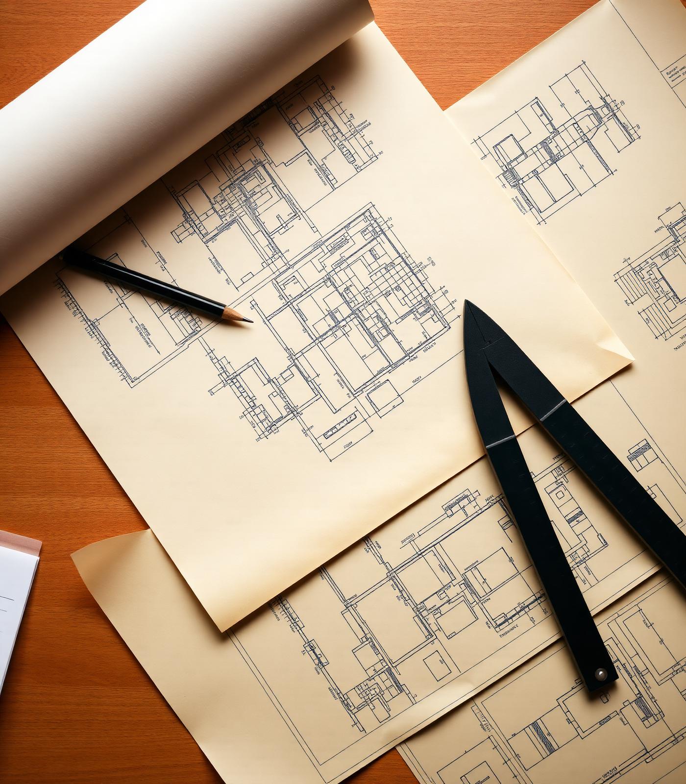 Architect's desk with blueprints and drafting tools