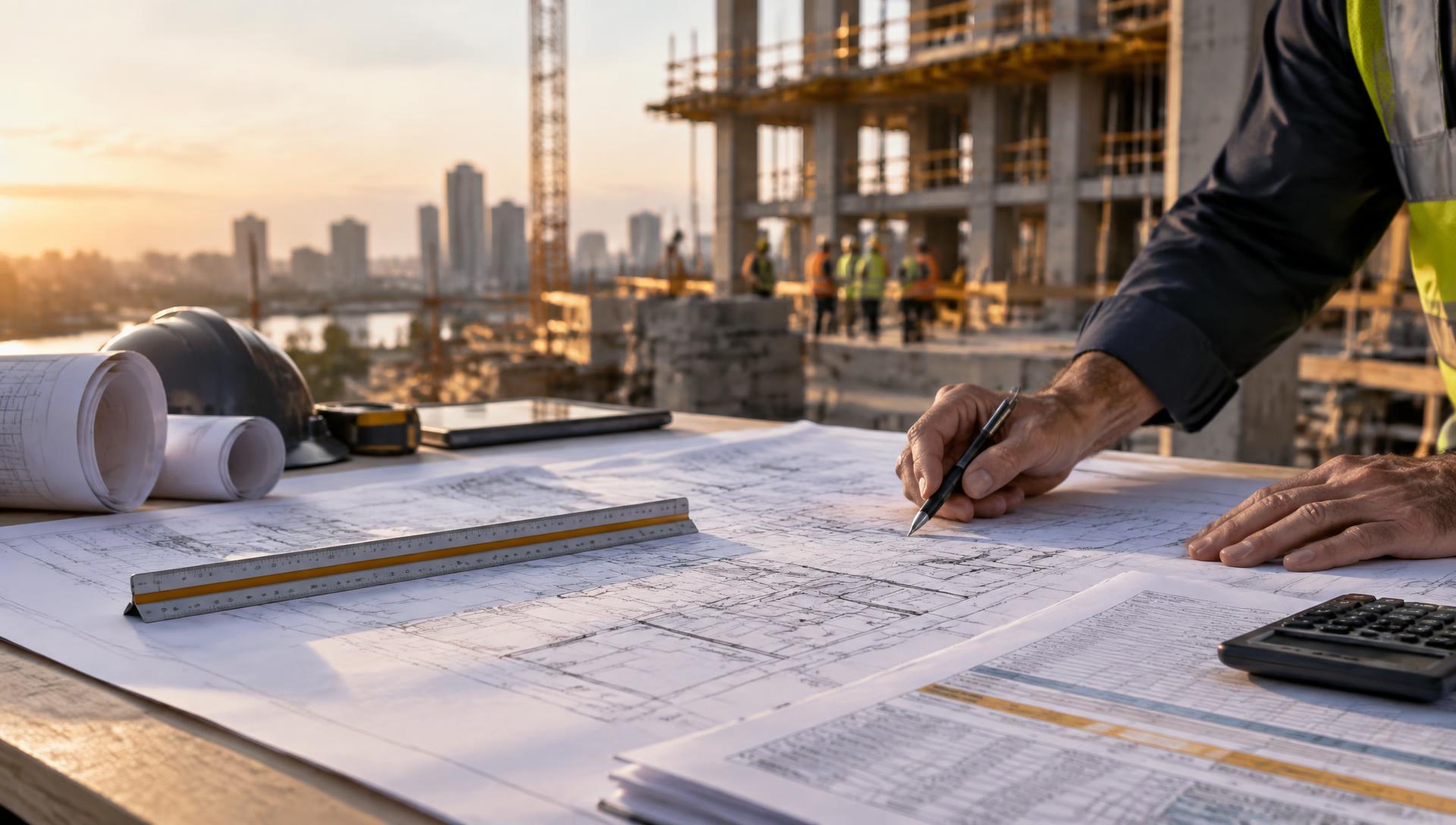 Construction estimator reviewing architectural drawings on site